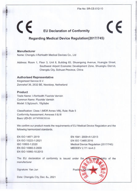 Porcelana Chengdu I-ReHealth Medical Devices Co., Ltd certificaciones